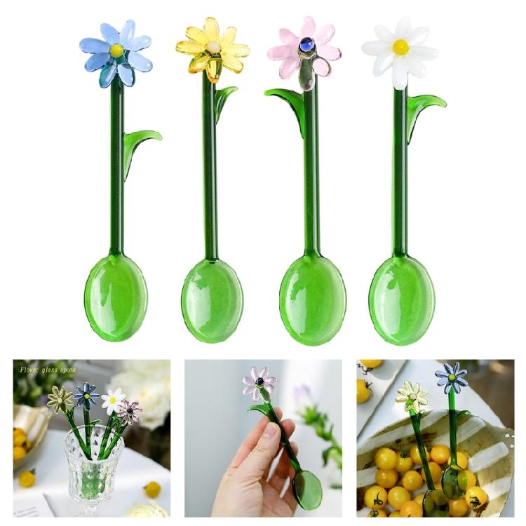 Heat Resistant Transparent Glass Stirring Spoon Artistic Flower Pattern Colored Coffee Stirrer For Hot Drink and Dessert