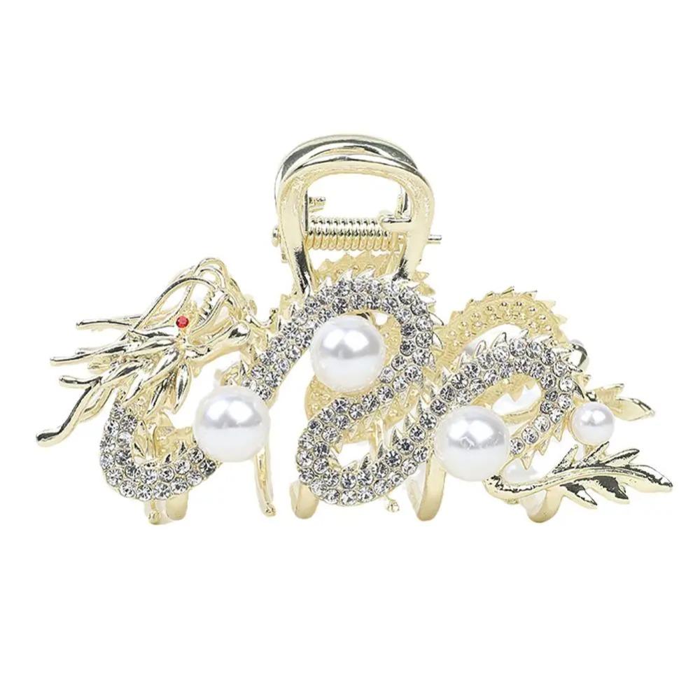 Chinese Dragon Year Hair Clips Hair Accessories for Women Girl Red Bead Metal Rhinestone Hair Pin Fashion Jewelry
