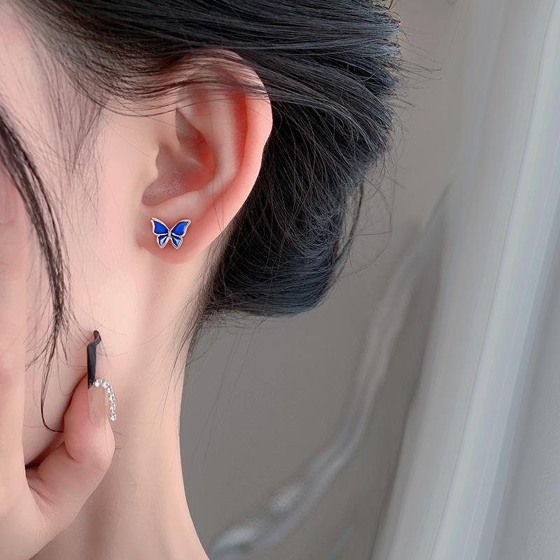 Yongcheng Blue Butterfly Small Fresh Earrings Asymmetrical Design, Feeling, Ear Piercing, Super Fairy Earrings for Best Friend