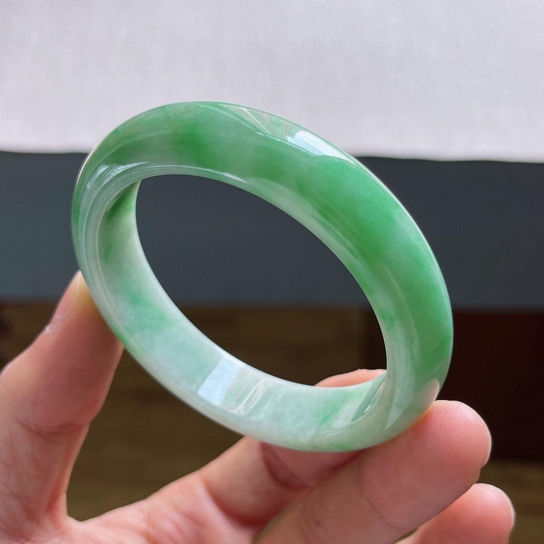 Burmese Old Pit Jade Bangles: Round, Ice-Clear with Green Flecks, Concubine Style, Apple Green, Ice-Jade Texture. Model 59