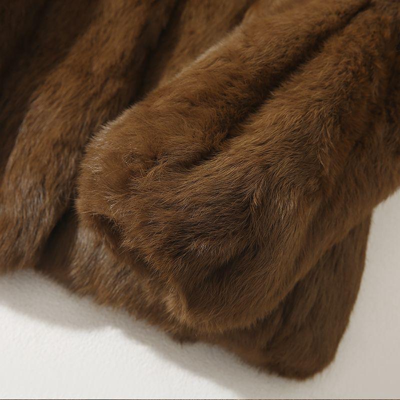 Trendy Winter Plus Size Short Faux Rabbit Fur Coat Faux Leather Fox Fur Collar Shearling Integrated Warm Outerwear