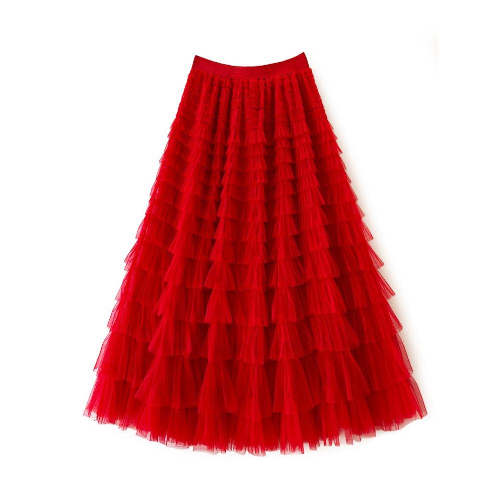 Women's Elastic Waist A‑Line Maxi Tulle Skirt Fresh Sweet Tiered Cake Long Skirt