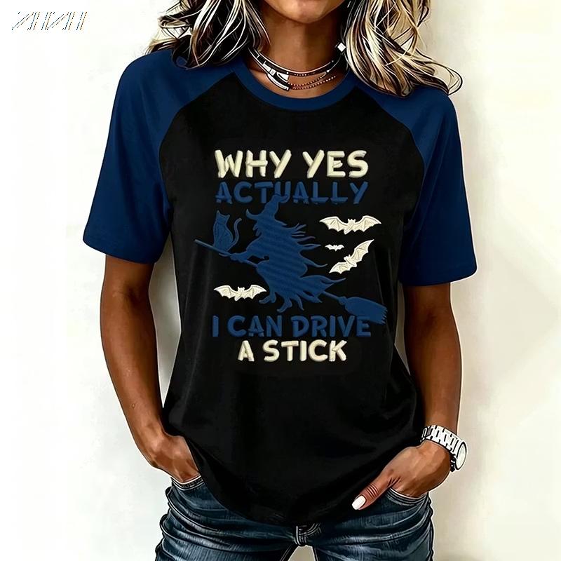Women Halloween Witch Broom Graphic Raglan T‑Shirt Casual Short Sleeve Crew Neck Top Fall Festival Party Tee