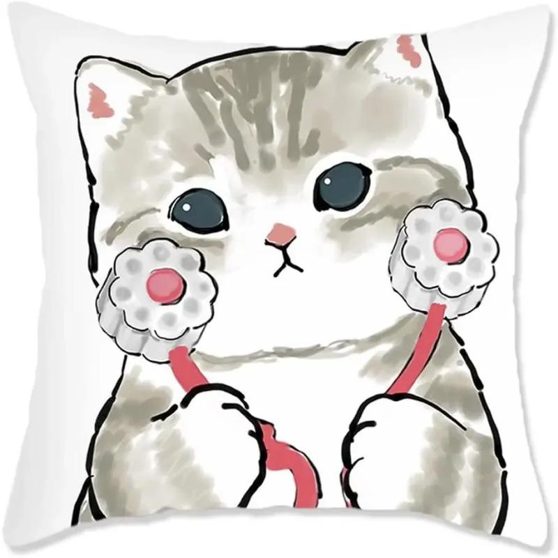 Cute Cat Theme Throw Pillowcase Animal Kitten Pillowcase Soft Short Plush Sofa Decorative Pillowcase with Hidden Zipper