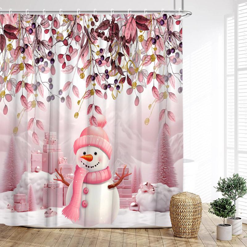 Funny Red Santa Claus Shower Curtain Gold Xmas Balls Gifts White Snowflakes Winter Christmas Bath Curtains Home Bathroom Decor