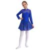 Girls Sparkling Mesh Dance Dress Long Sleeve Keyhole Back Leotard for Ice Skating Ballet Costume