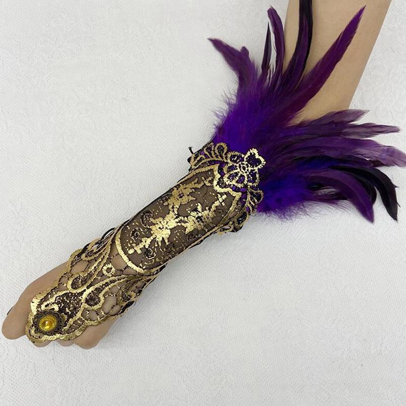 Gothic Feather Gold Lace Long Glove Bracelet Women Party Sexy Fingerless Gloves Exaggerated Lace Fishnet Gloves Accessories