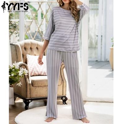 Damska Moda Casual Lato Wiosna Nadruk w Paski Rękawy 1/2 Dekolt O Spodnie Garnitury