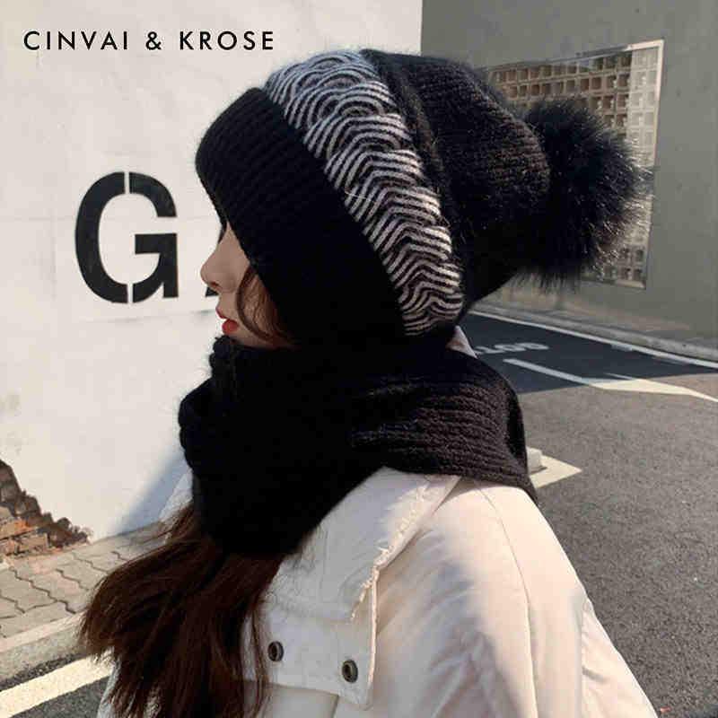 Dámská teplá pletená vlněná čepice a šátek se sametovou podšívkou pro rok 2024