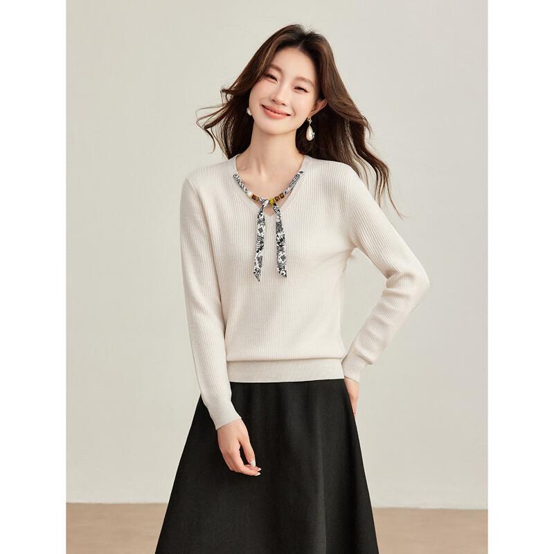 Elegant V-Neck Wool Blend Knit Top with Scarf Ribbon Detail