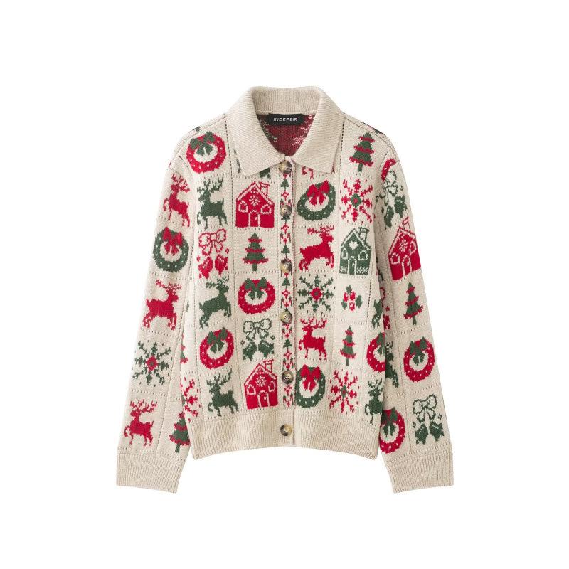 European & American Style Christmas Jacquard Knit Cardigan - Winter 2025 Collection Medium