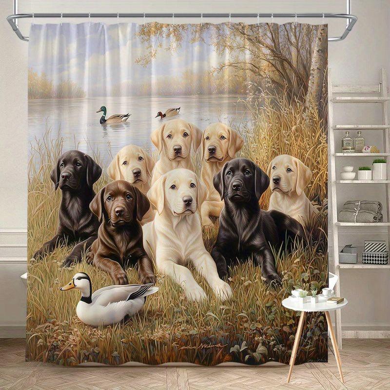 

1Pc Seven Labrador Retrievers By Lakeside With Ducks Shower Curtain - Light Yellow & Dark Brown Dogs In Tall Grass, Tranquil A W60H190(CM)-1 Pcs