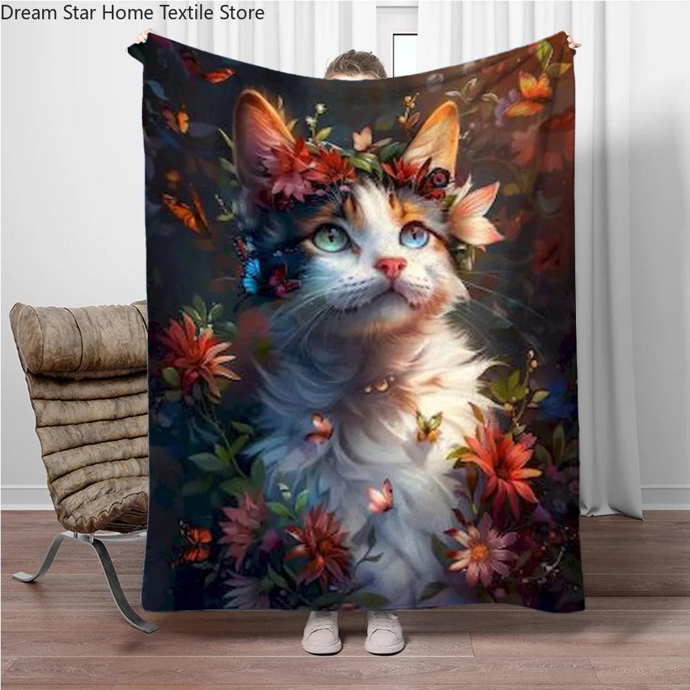 8 Size Colorful Cat Flannel Throw Blanket,Soft Throw Blanket for Home Bedroom Bed Sofa Picnic Travel Office Cover Child Gift