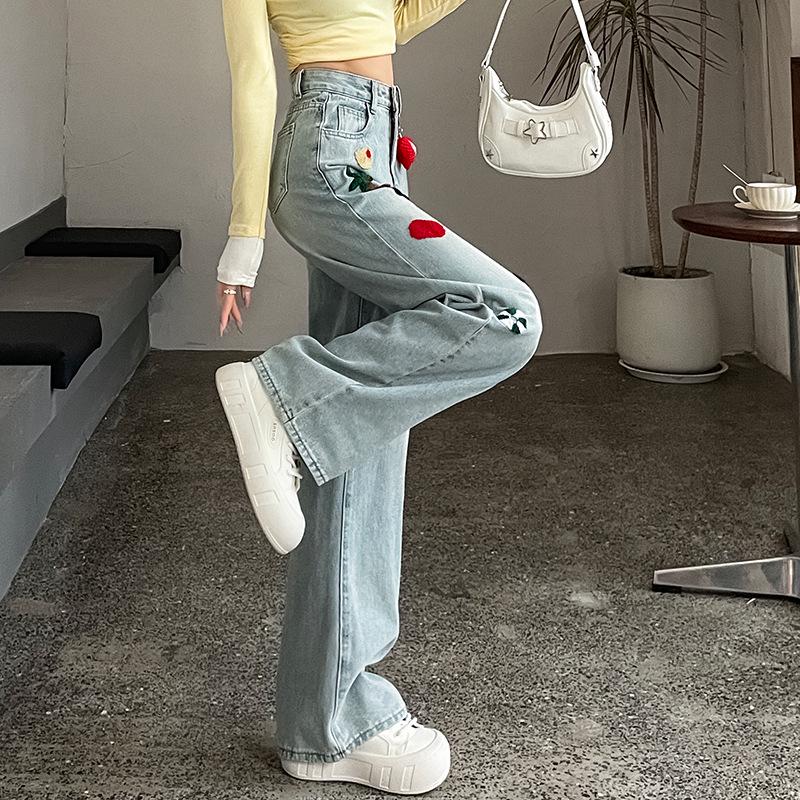 Spring 2025 Women's Embroidered High-Waist Wide-Leg Jeans - Light Color, Slimming Design