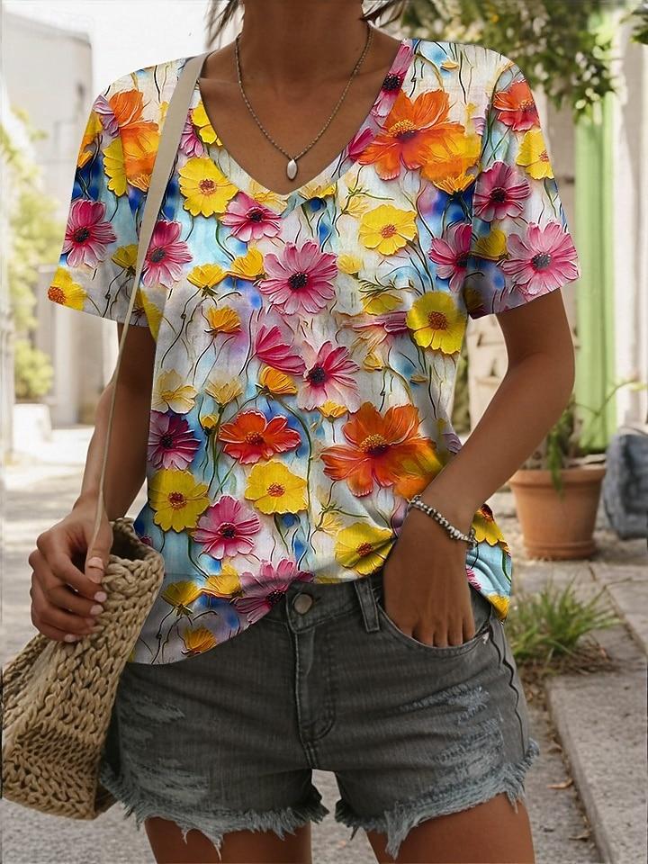 

Women s T Shirt Print Floral 3D Stylish Casual Short Sleeve V Neck Regular Tops Daily Blue Red Purple Orange Green Summer S