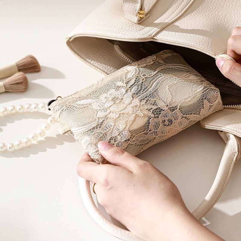 Lace Cosmetic Bag With Pearl Wrist Strap And Semi Transparent Design Perfect For Daily Makeup Storage Travel Use