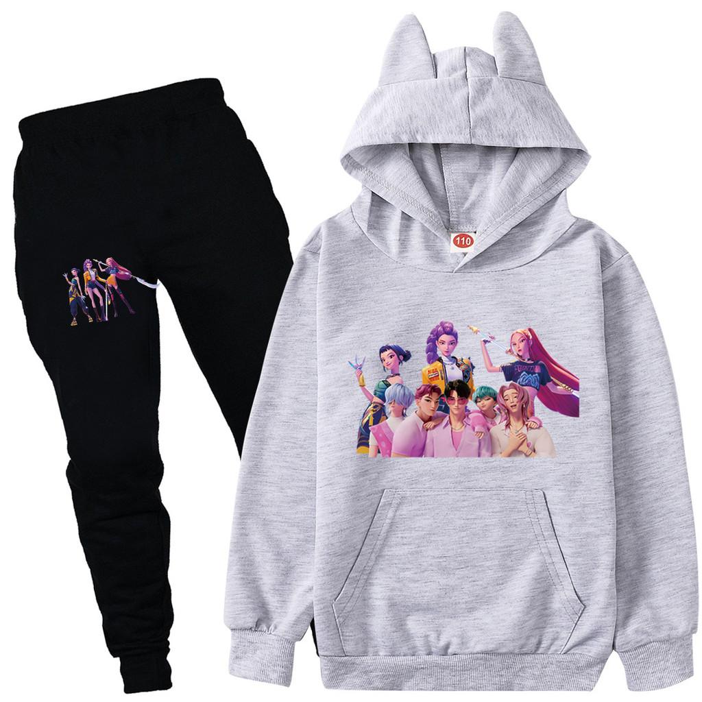 Kinder Mädchen Anime Cartoon K-Pop Rumi Zoey Mira Bedruckt Lässige Langarm Kapuzenpullover Hosen Kleidung Set