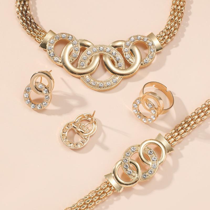 Exquisite five-piece fashion jewelry set for women: dazzling rhinestone criss-cross ring necklace and stud earrings