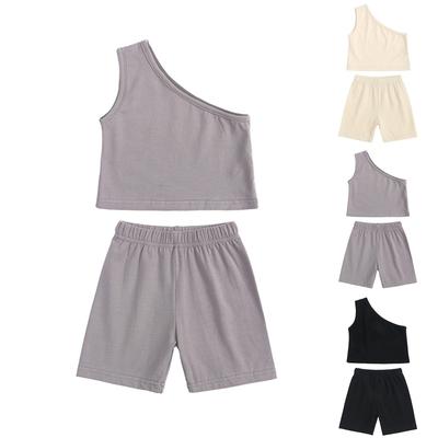 Summer Girls' One-shoulder Shorts Two-piece Solid Color Sleeveless Fashion Suit