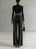 Autumn New Style Elegant Stand Collar Color Block Trim Waist Slim Fit Long Sleeve Knit + Wide Leg Pants Two Piece Set