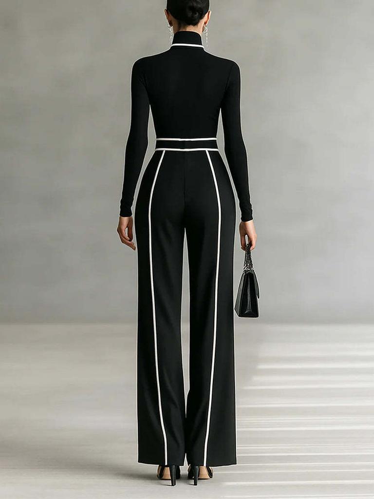 Autumn New Style Elegant Stand Collar Color Block Trim Waist Slim Fit Long Sleeve Knit + Wide Leg Pants Two Piece Set