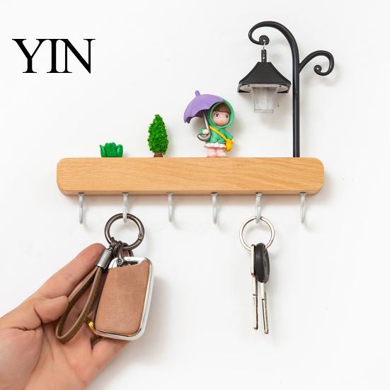 Kitchen Tool Storage Rack Key Holder with 6 Hooks, Solid Wood Entryway Organizer Rack, Wall No Drill for Mounted Space Saving Hook Keys Pet