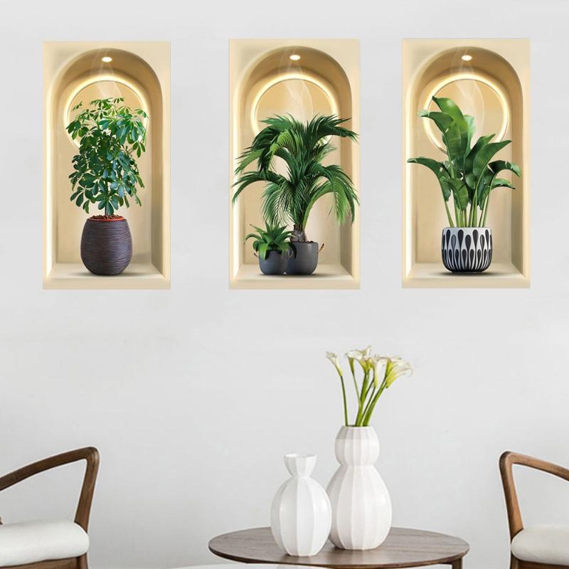 3D Aquarell Pflanzen Wandsticker Topfpflanzen Dekor Selbstklebende Rankenblätter Für Wohnzimmer Schlafzimmer Wanddeko