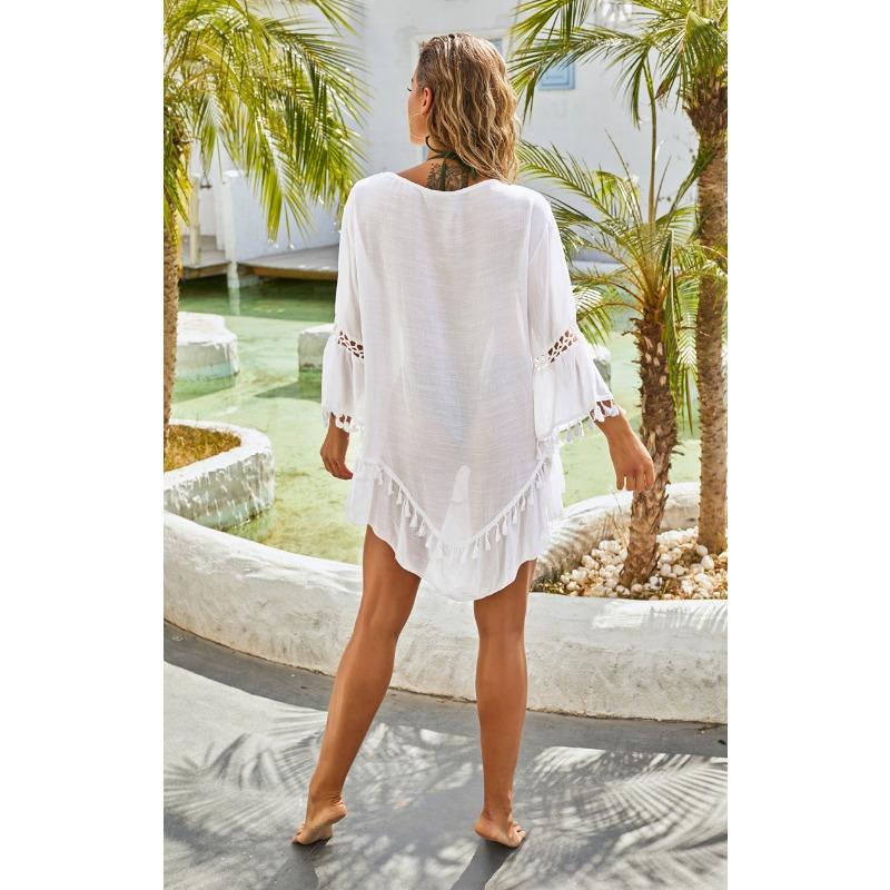 Women White Loose Crochet Flower Hollow Tassel Beach Cover Up Bikini Outerwear