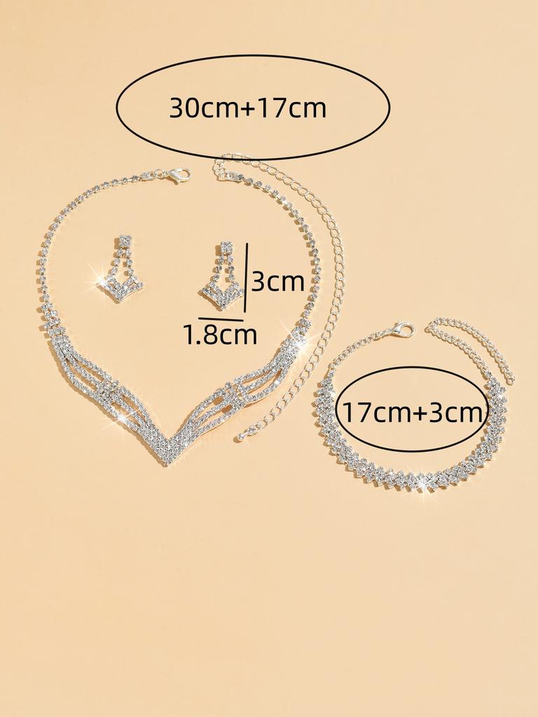 4PC Women's Fashion Geometric Necklace Earrings Bracelet Zircon Set Simple Light Luxury Style High End Zircon Set