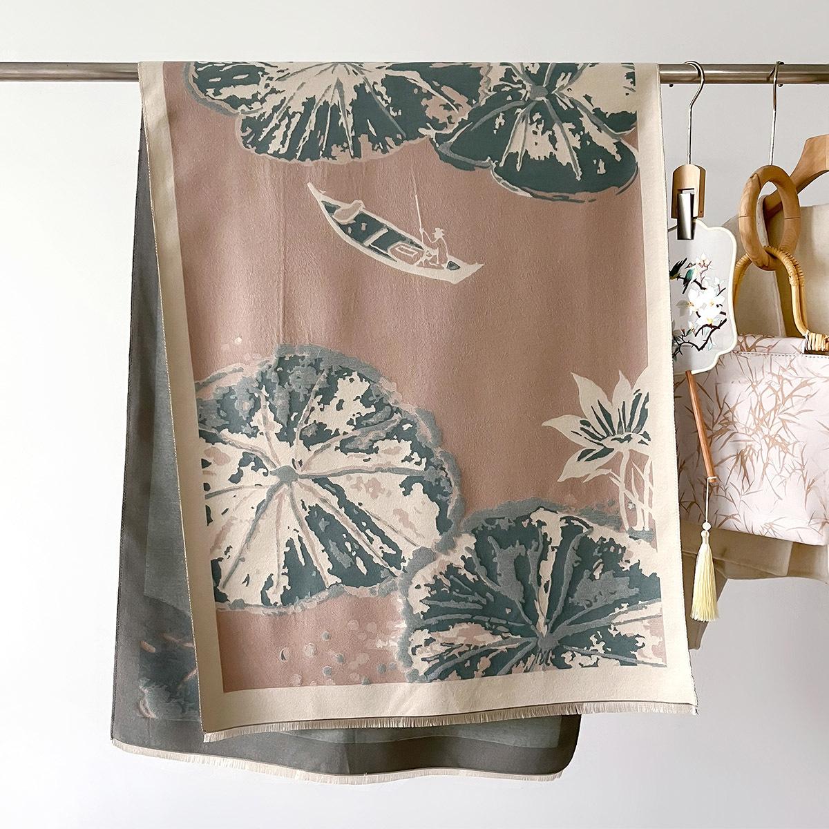 

Новый осенне-зимний ретро-утолщенный шарф с листьями лотоса для женщин, длинный теплый шарф для женщин 66*186cm