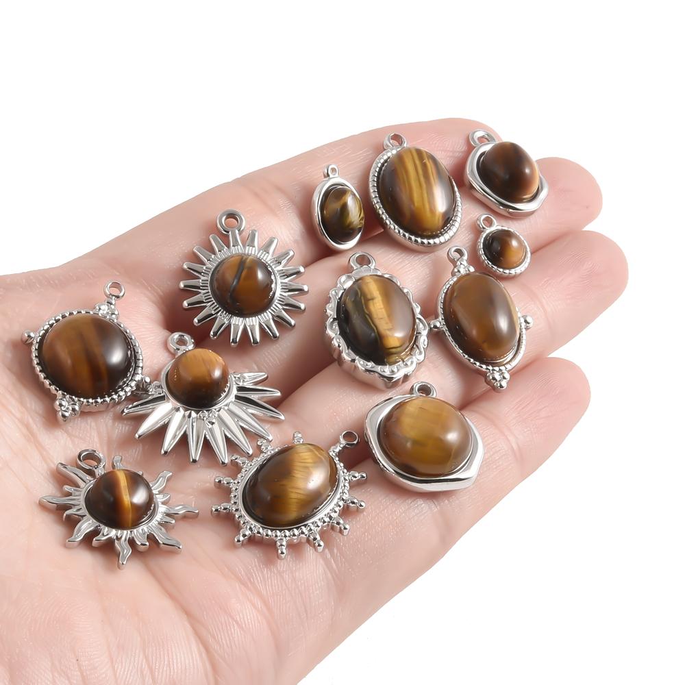 2pcs Vintage Tiger Eye Pendant Sun Oval Round Silver Color Stainless Steel Charms For Jewelry Making Supplies Real Natural Stone