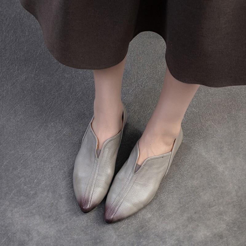 Johnature Ekte skinn Spiss tå Flats Komfortable myke såler Pendling Hverdagslige Damesko Slip-on