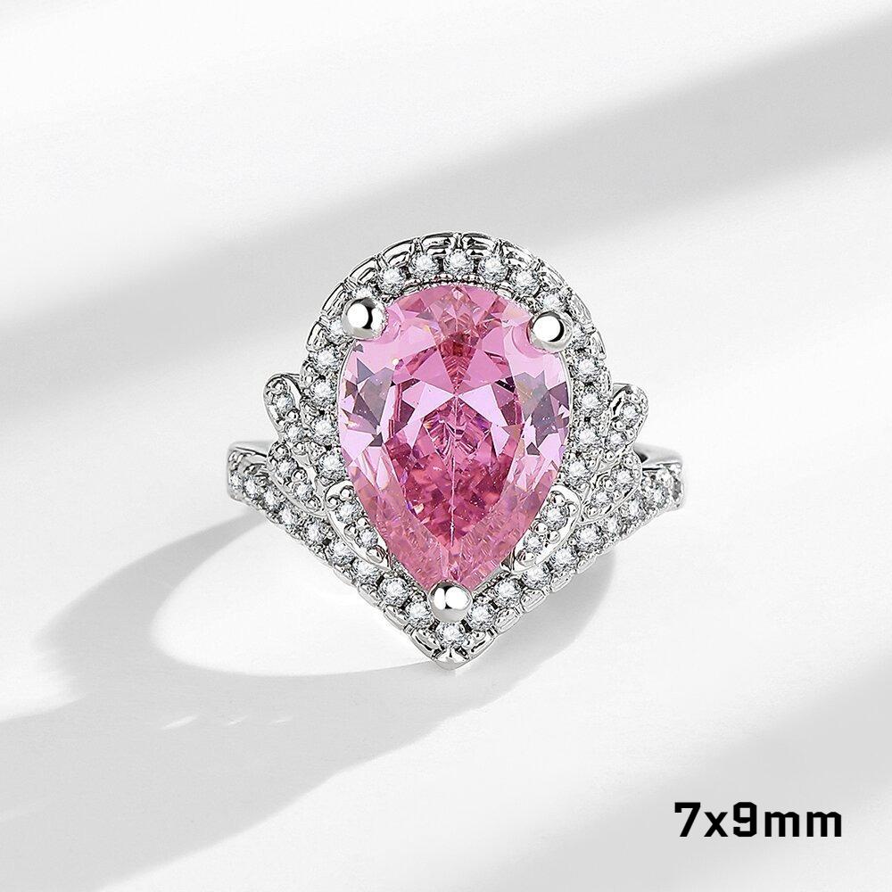Copper Luxury Dream Droplet Pink Diamond Zircon Crown Ring Wedding Jewelry