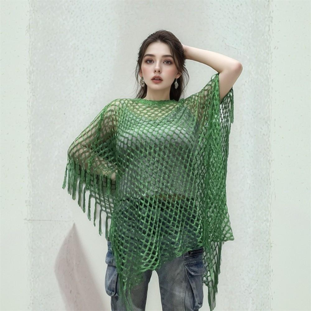 Tassel Sunscreen Cover-up Loose Fit Knit Hollow Out Top Fashion Fishnet Swimsuit Cover Up  Vacation
