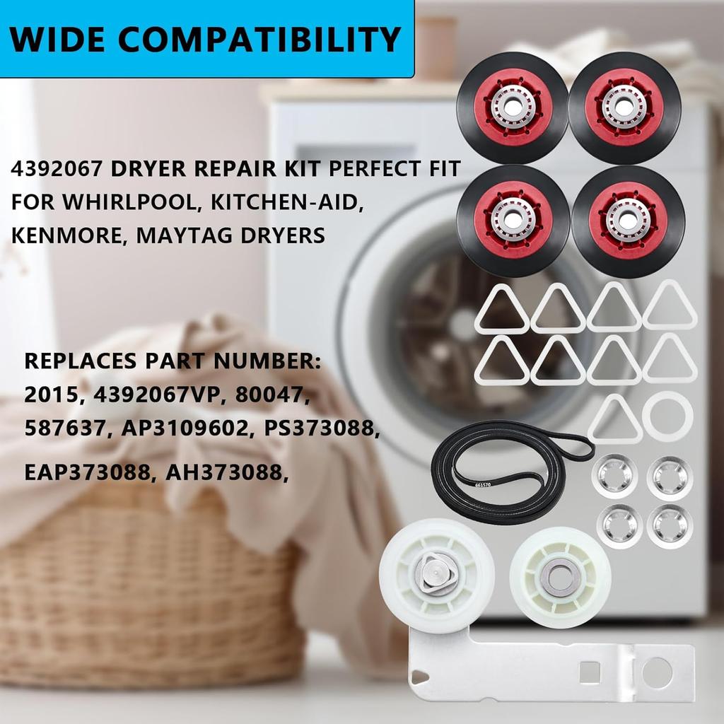 Upgrade 4392067 Dryer Repair Kit with 661570 Dryer Drum Belt & W10837240 Dryer Idler Pulley - Replacement Part for Whirlpool Kitchen-Aid Kenmore