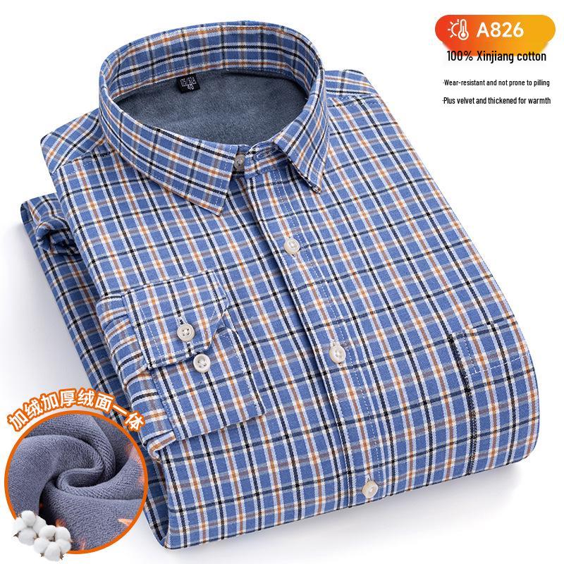 New Plus Size Velvet-Lined Men's Pure Cotton Plaid Shirt - Warm, Thickened for Autumn/Winter Cold Protection