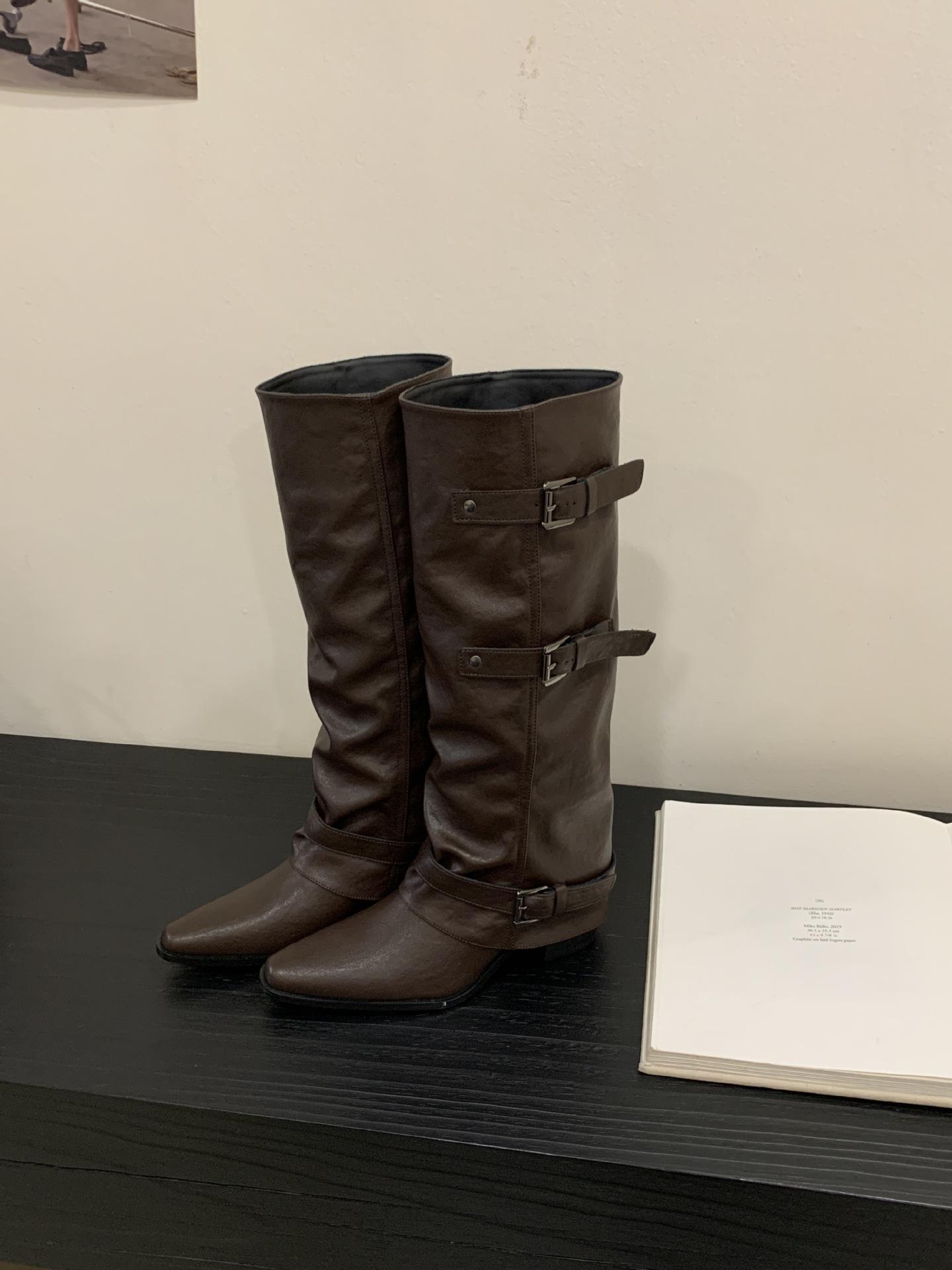 

2025 small square head belt buckle thick heel warehouse tube boots cloth knee high boots 39 коричневый