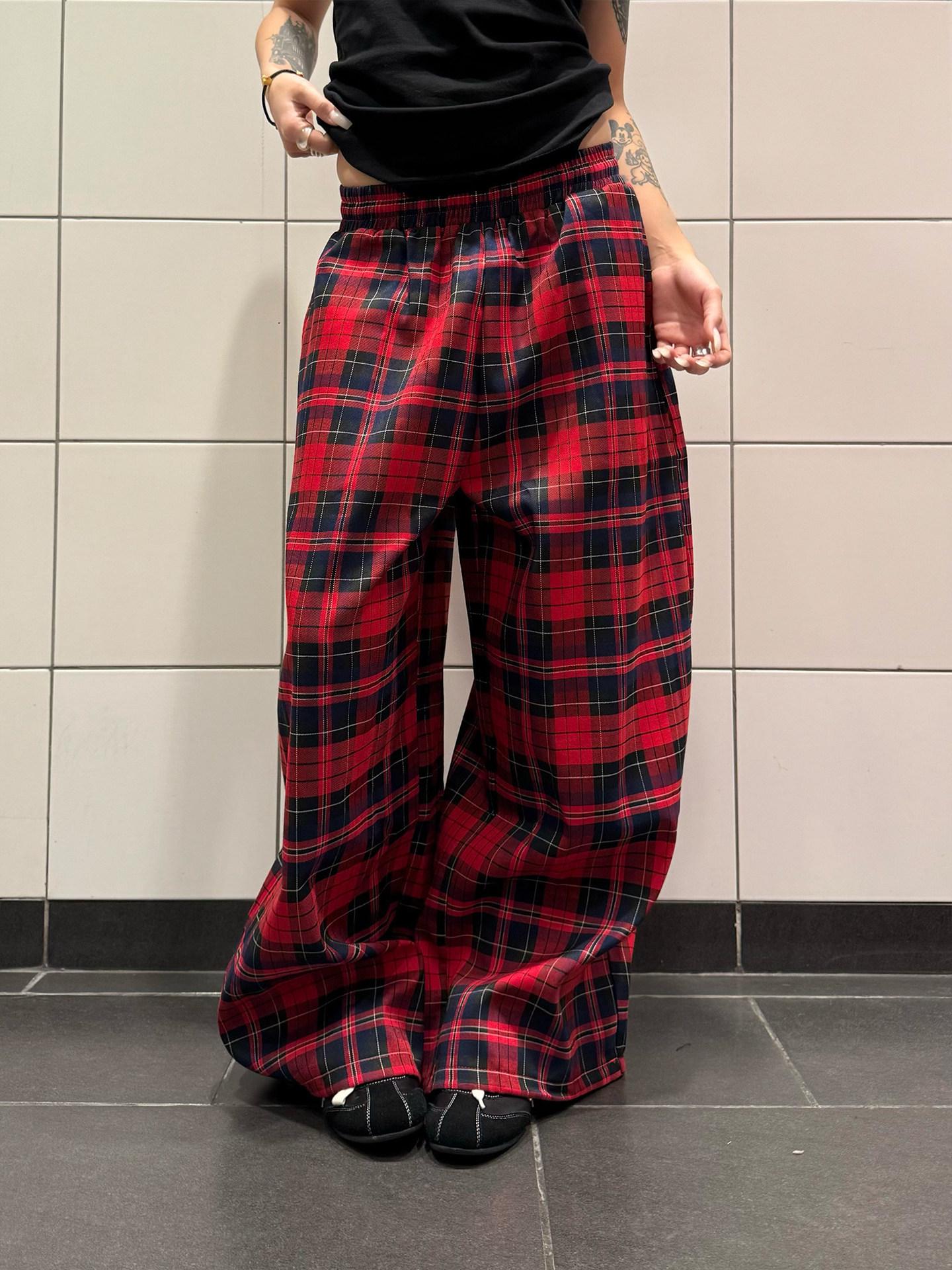 Unisex Retro Color Block Plaid Wide-Leg Drawstring Pants L красный