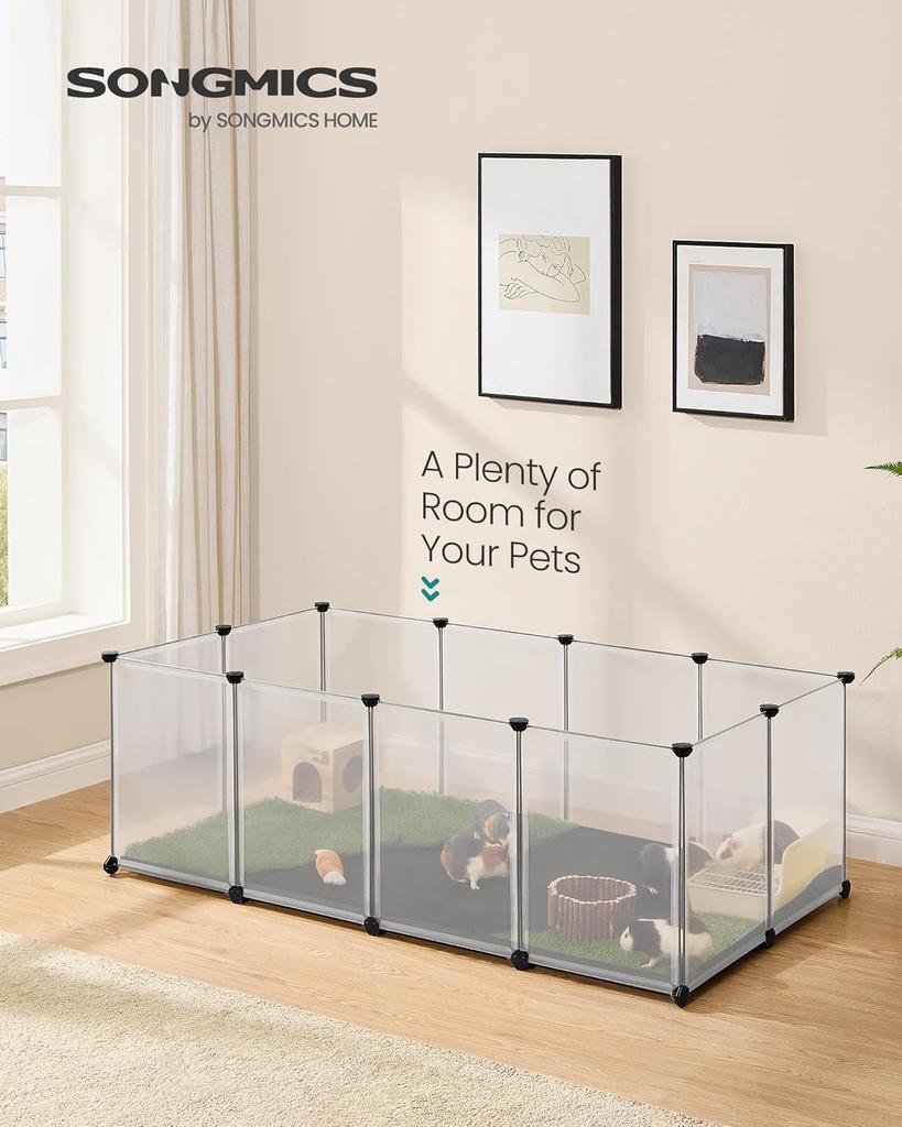 SONGMICS Pet Playpen with Floor, Removable Oxford Fabric Mat, Small Animal Enclosure, DIY Plastic Cage, Indoor Run for Hamsters, Rabbits, Hedgehogs