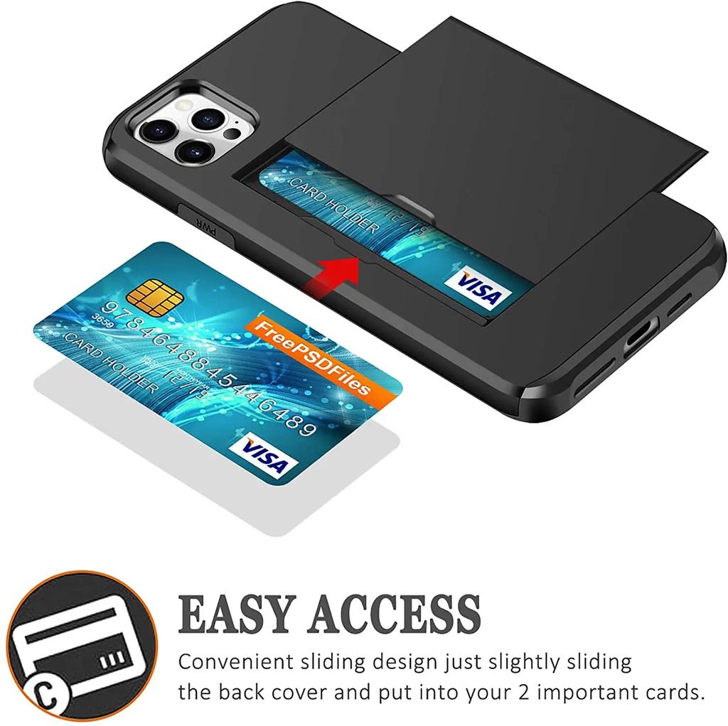 Armor Slide Card Case For iPhone 15 14 13 Pro Max 12 Mini 11 12 Pro Max XS Max XR X Card Slot Holder Cover Wallet Slide Cover