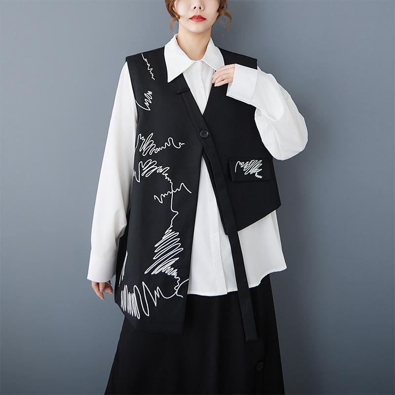 

Женский весенний ретро черный жилет с чувством дизайна, нерегулярный, с индивидуальностью, свободный, модный женский жилет One Size чёрный