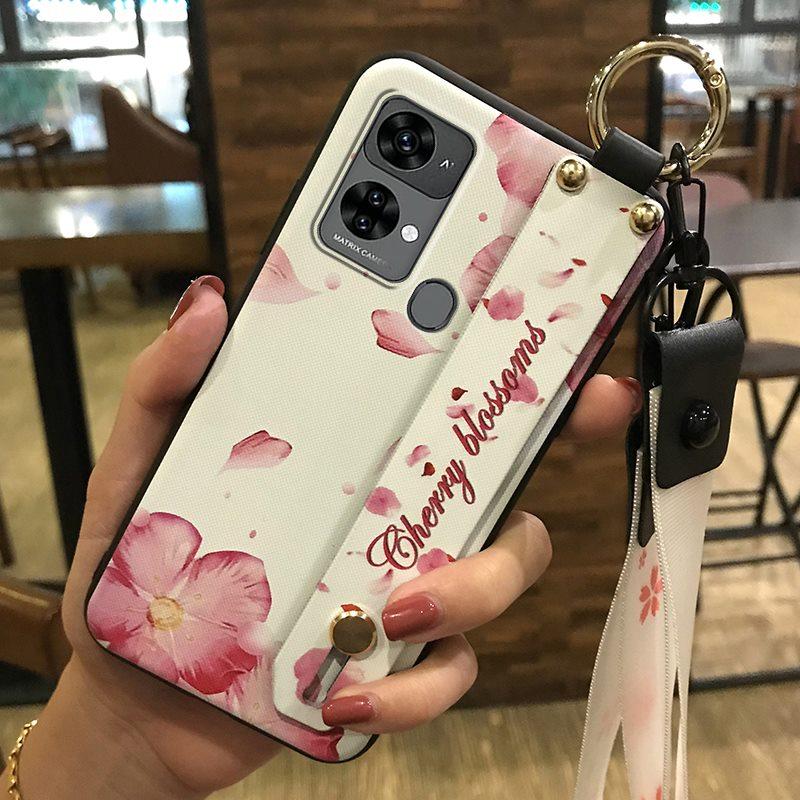 Ring Dirt-resistant Phone Case For Oukitel C33 Fashion Design Wrist Strap Lanyard Phone Holder Kickstand Silicone Flower