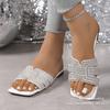 2025 Damen-Freizeitmode-Strass-Strand-Ein-Wort-Slipper mit flacher Sohle, coole Slipper, große Größen 36-43