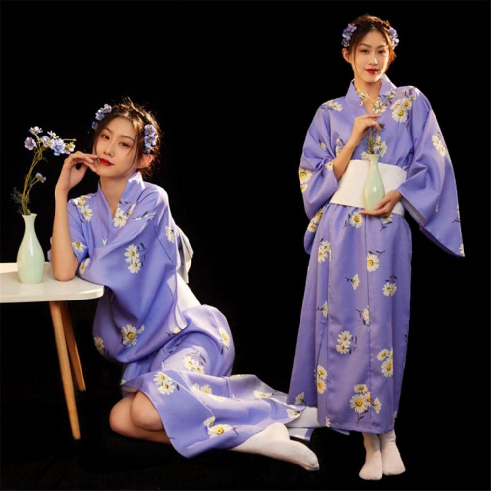 Printed Floral Sakura Girl Kimono Dress Elegance Japanese Style Yukata Bathrobe Party
