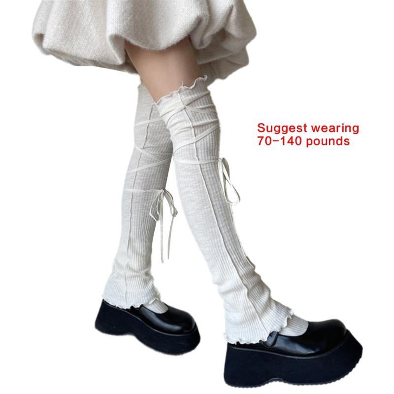 Japanese Ribbed Thigh High Leg Warmers Lace Up Bandages Over Knee Flared Leg Covers Ruffle Trim Footless Socks for Women