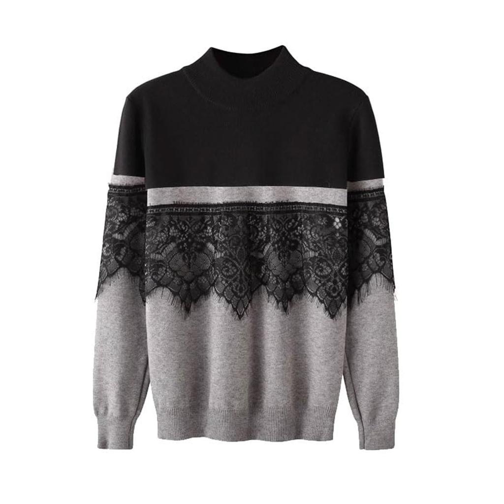 Knit Stand Long Lace Floral Perfect for Winter [7-livehouse] Women's Sweater, Collar, Sleeves, Trim, Print, Two-Tone Design, Flattering, Elegant,