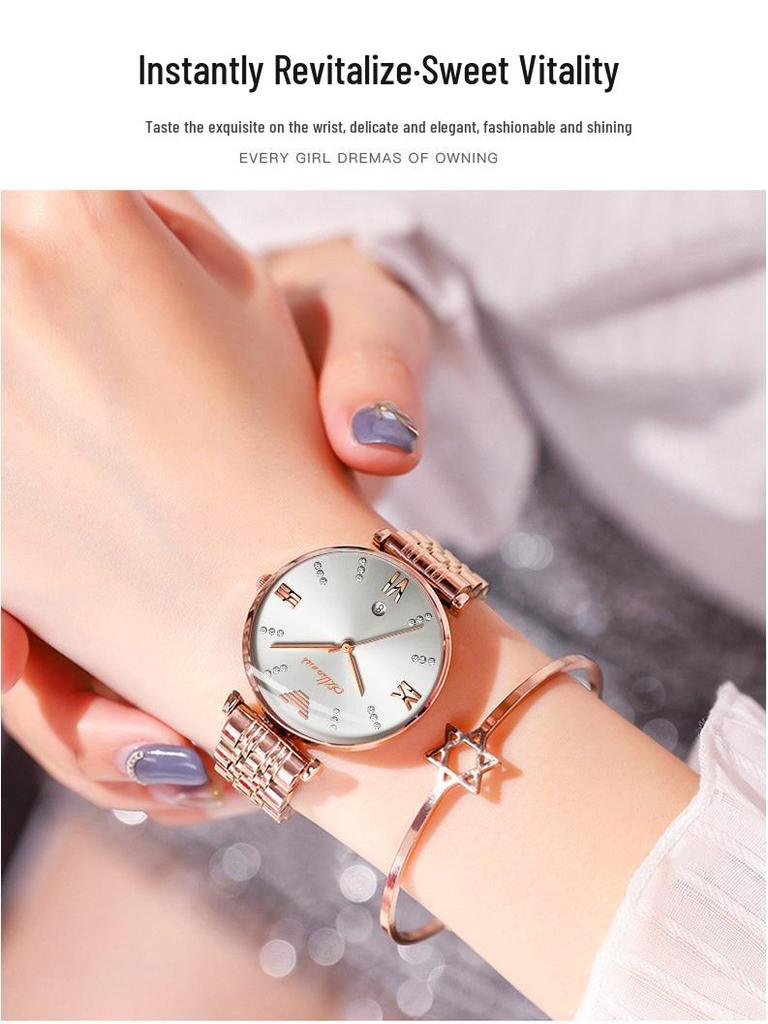 High-End Women's Quartz Watch with Genuine Diamond-Set Steel Band
