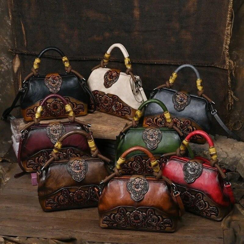 Ladies Luxury Handbag 2024 New Vintage Handmade Leather Carved Women Tote Bag Versatile Female Shopping Shoulder Crossbody Bags