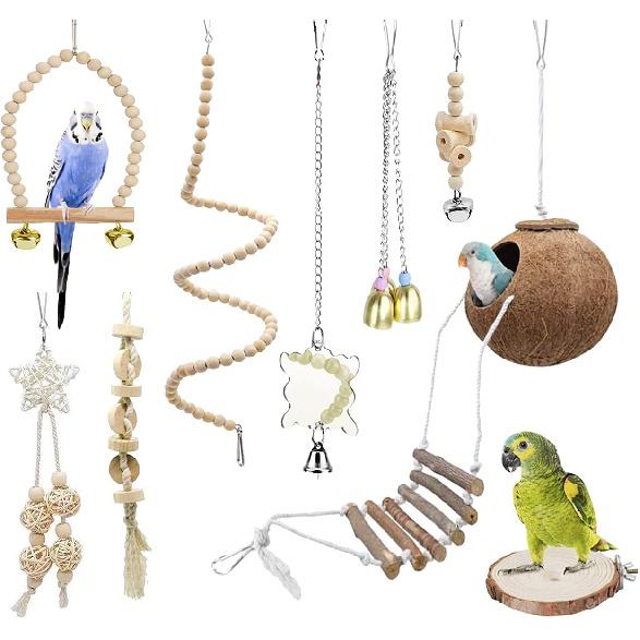 9-Piece Parrots Chewing Toy Set - Natural Wood & Rope Bungee Toys for Anchovies, Coconut Hideaway with Ladder, Bird Perch Stand, Cage Accessories for
