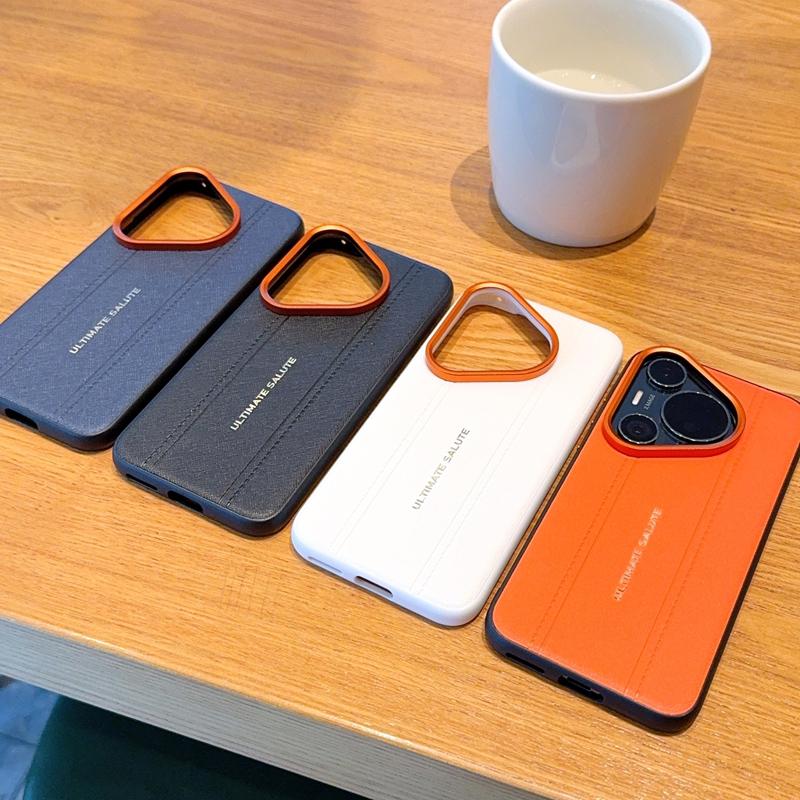 Étui de Conception en Cuir Texture Croisée de Luxe Pour Huawei Pura 80 70 Pro Ultra Mince Anneau de Caméra Orange Étui Housse antichoc